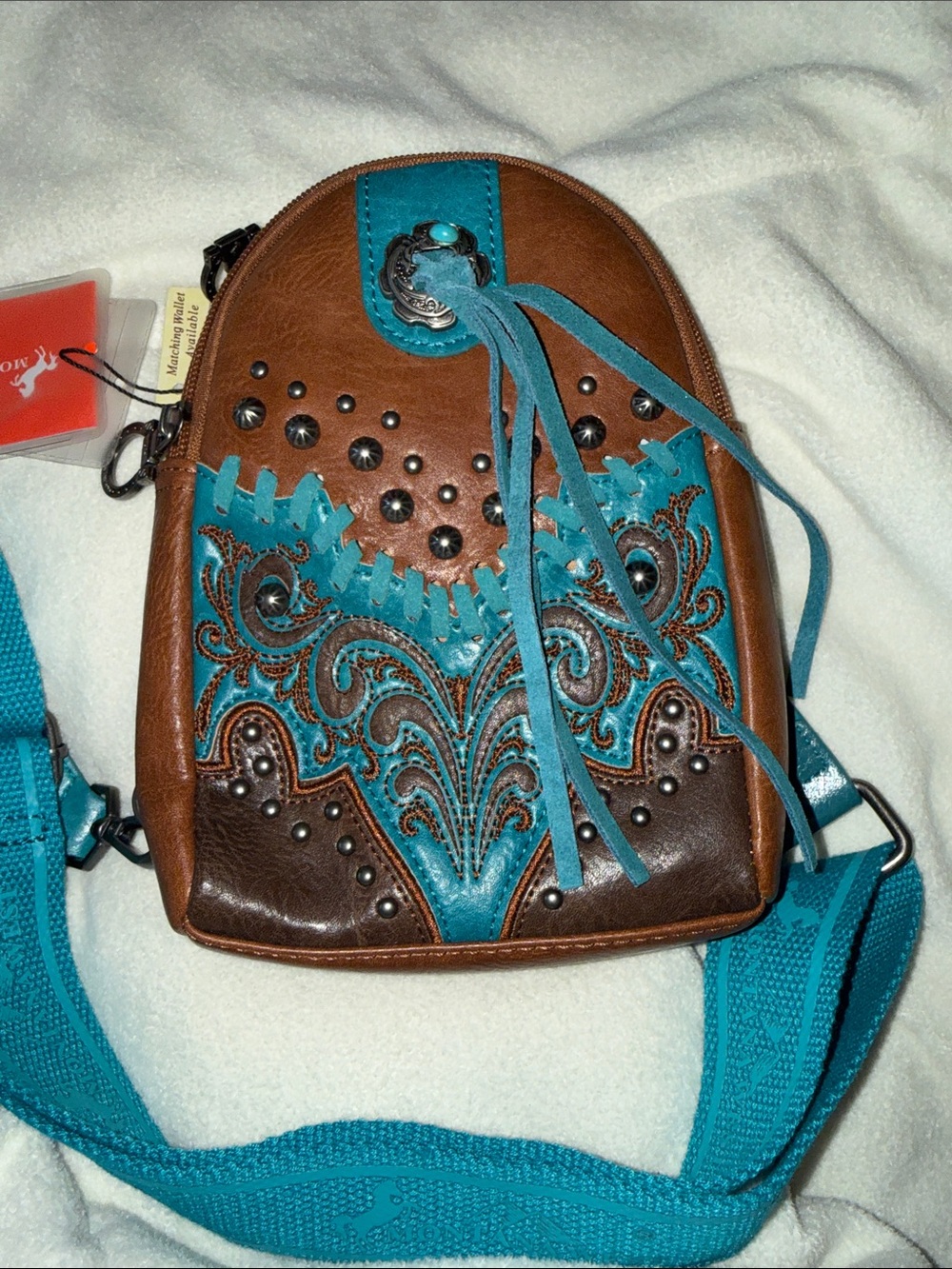 Turquoise & Brown Embroidered Crossbody Bag